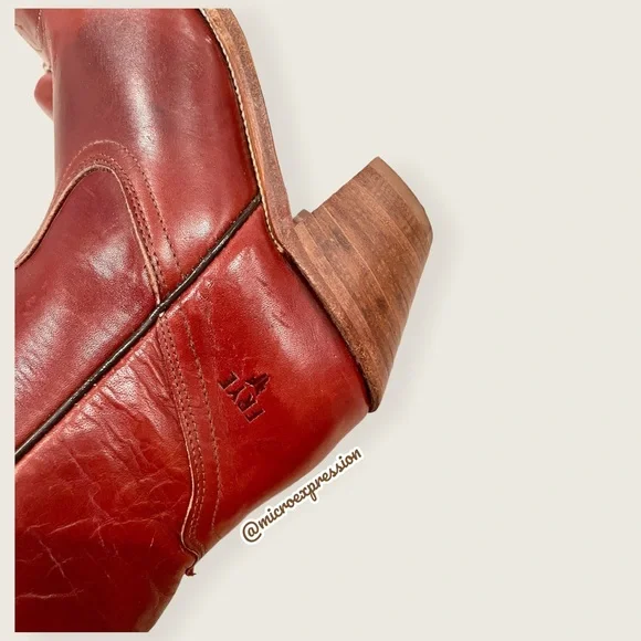 1990’s Frye Vintage Leather Pull On Cognac Red Low Heel Embroidered Cowboy Boot - Picture 10 of 13